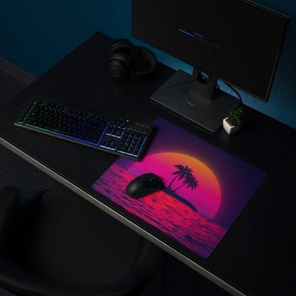 Vaporwave sunset gaming mouse pad with palm trees, glowing sun, non-slip backing