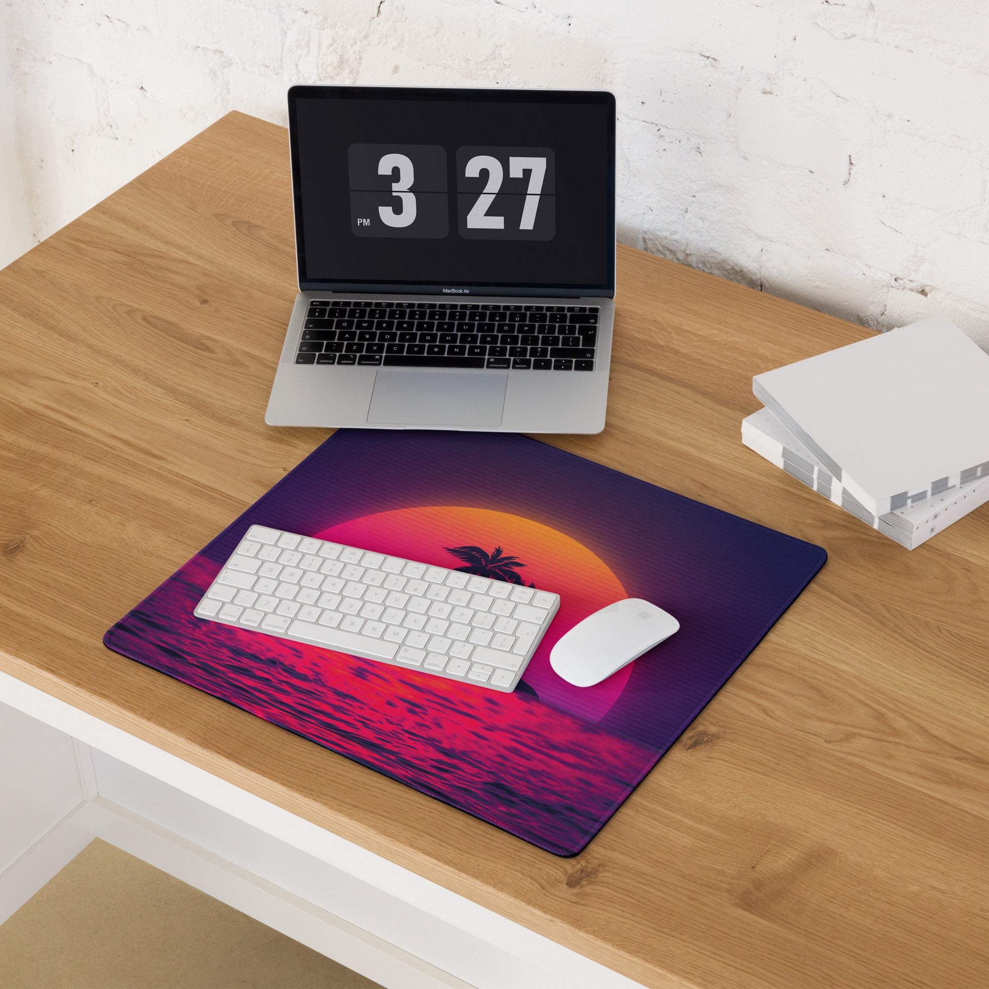 Vaporwave sunset gaming mouse pad with palm tree silhouette and non-slip backing