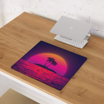 Vaporwave sunset gaming mouse pad with retro pink orange purple scene