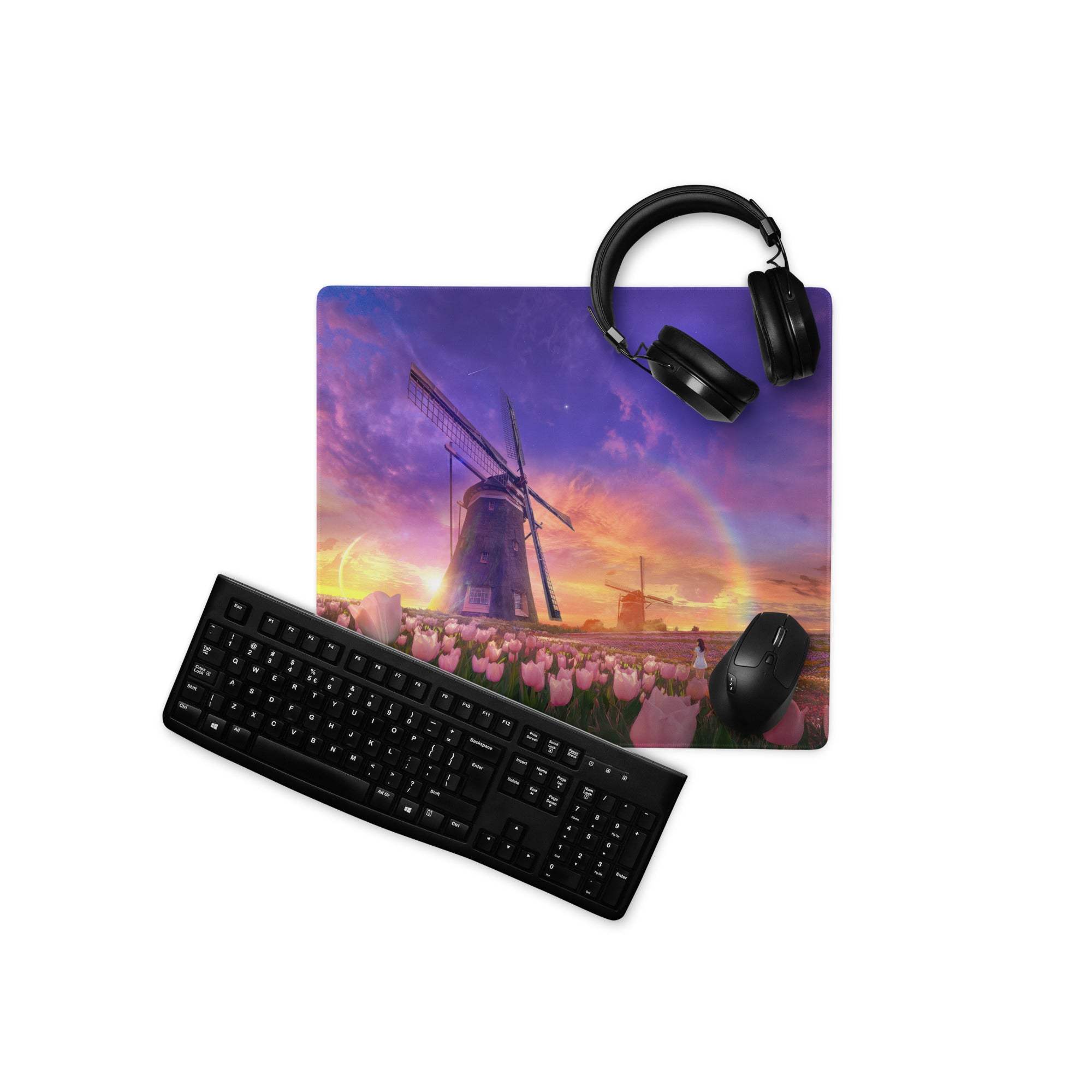 Dreamy sunset windmill tulip gaming mouse pad with headphones