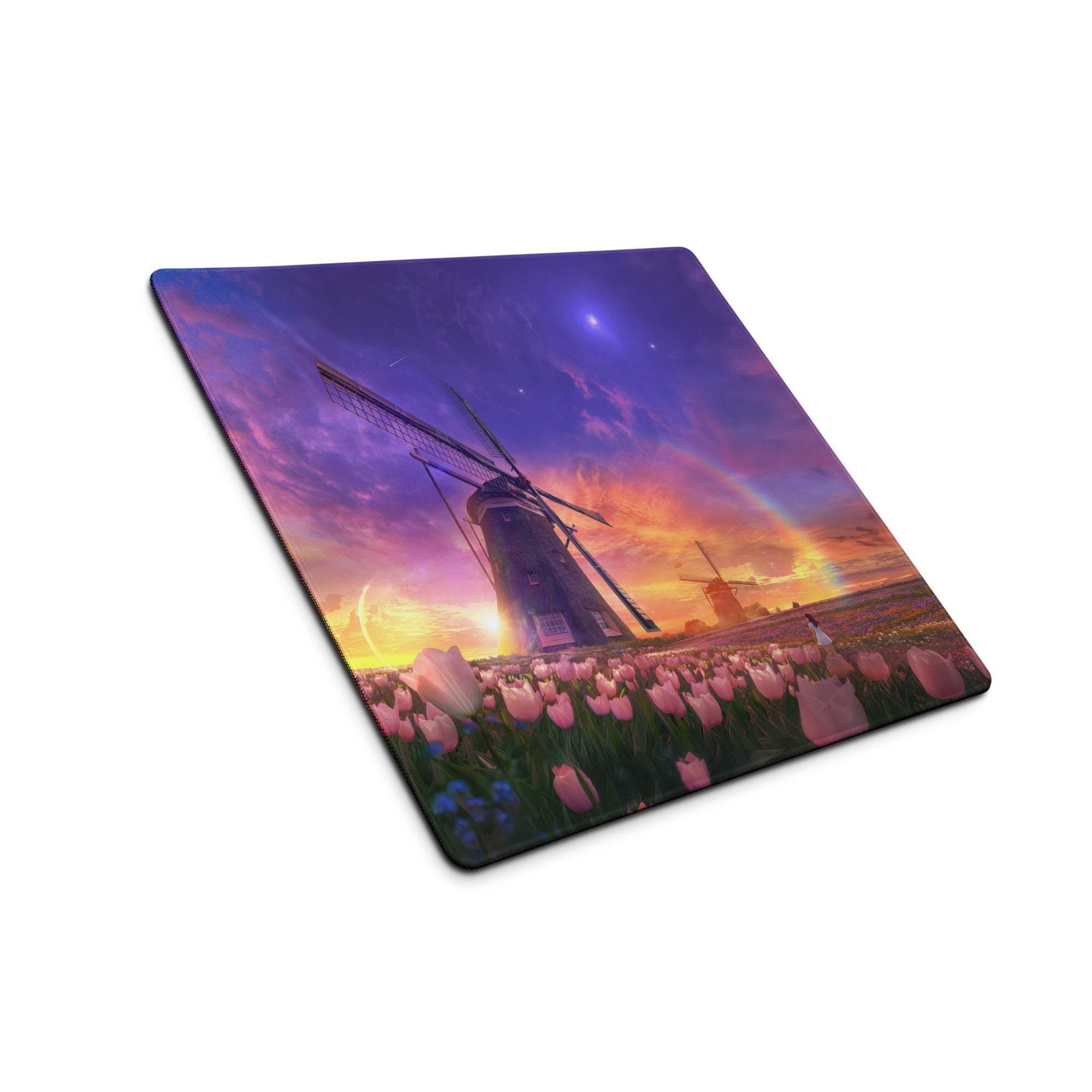 Dreamy sunset windmill in pink tulip field gaming mouse pad