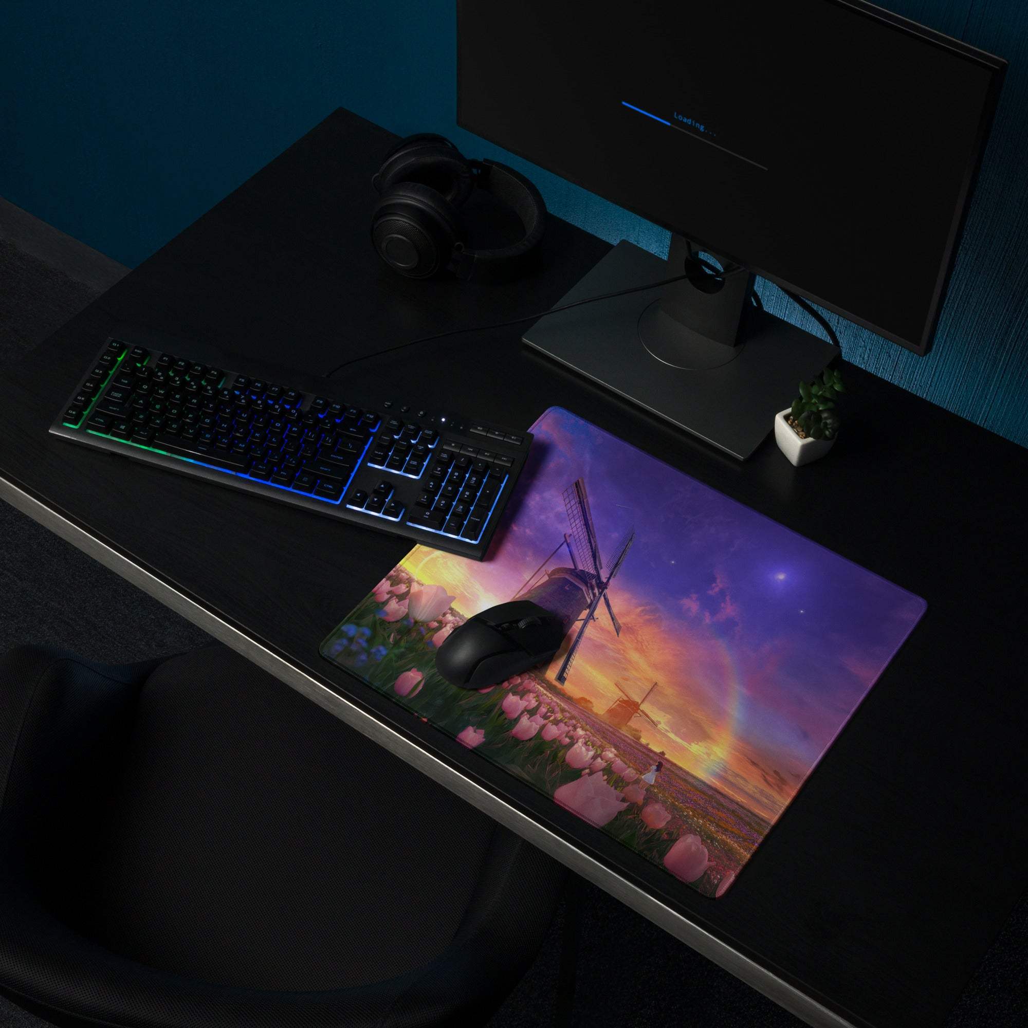 Dreamy sunset windmill tulip field large stitched gaming mouse pad