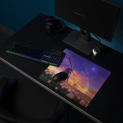 Dreamy sunset windmill tulip field large stitched gaming mouse pad