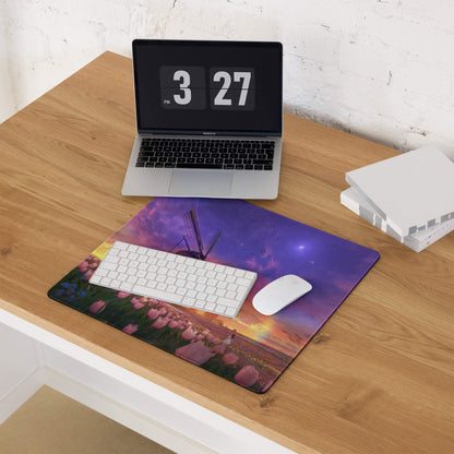Dreamy sunset windmill field with tulips large gaming mouse pad