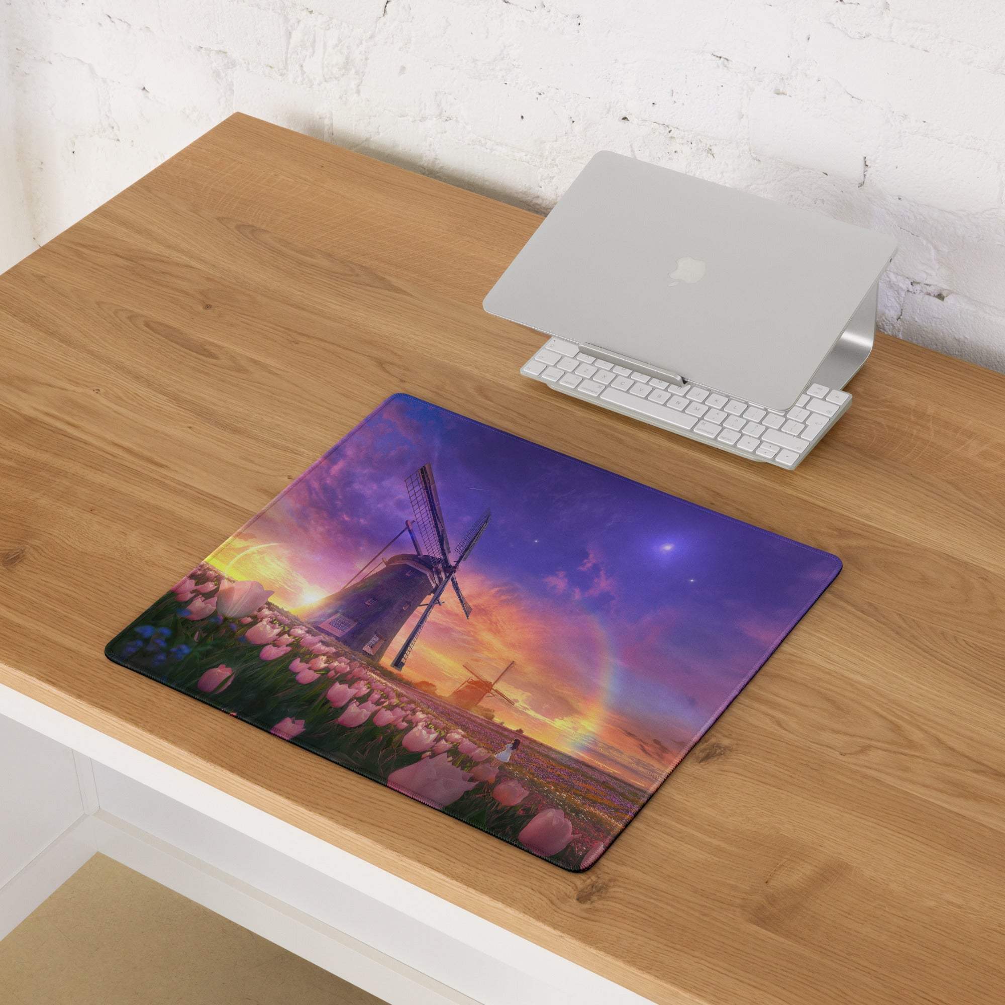 Dreamy sunset windmill field with tulips large gaming mouse pad