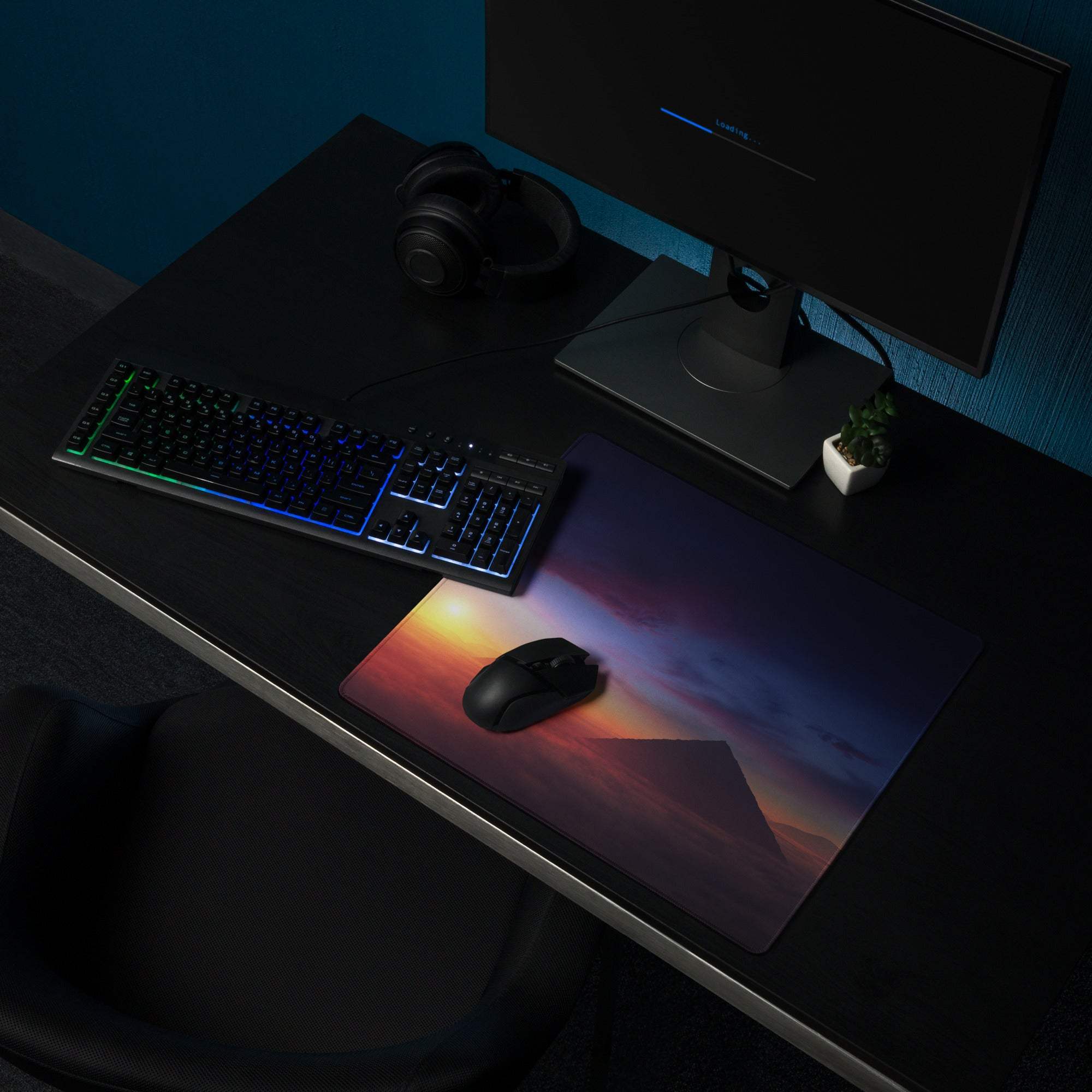 Epic Sunrise Landscape gaming mouse pad with sunset dunes, non-slip backing