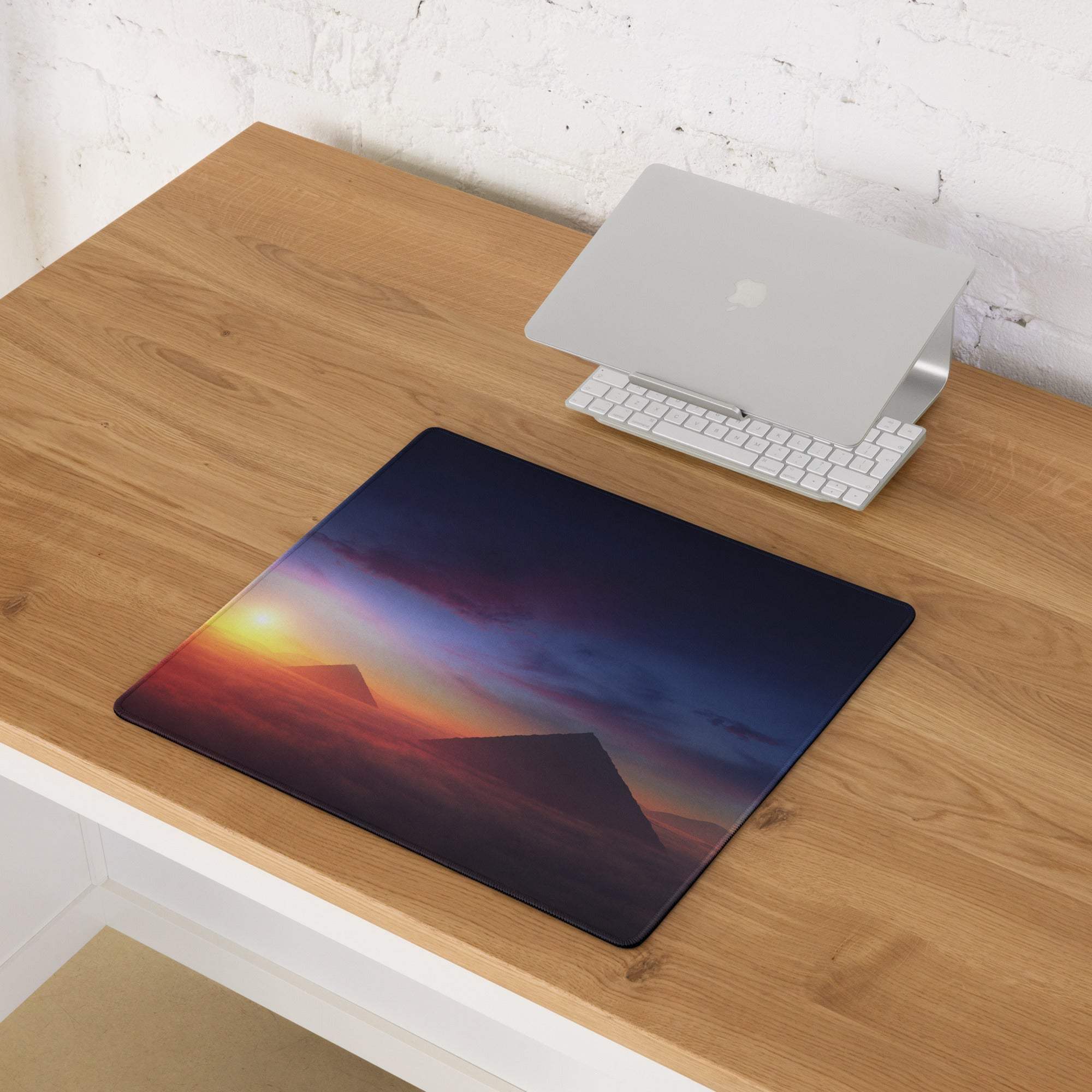 Epic Sunrise Landscape gaming mouse pad with sunset pyramids and non-slip backing