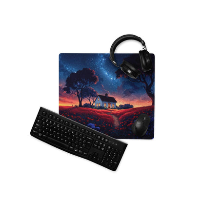 Dreamy night sky cottage gaming mouse pad with cozy house illustration