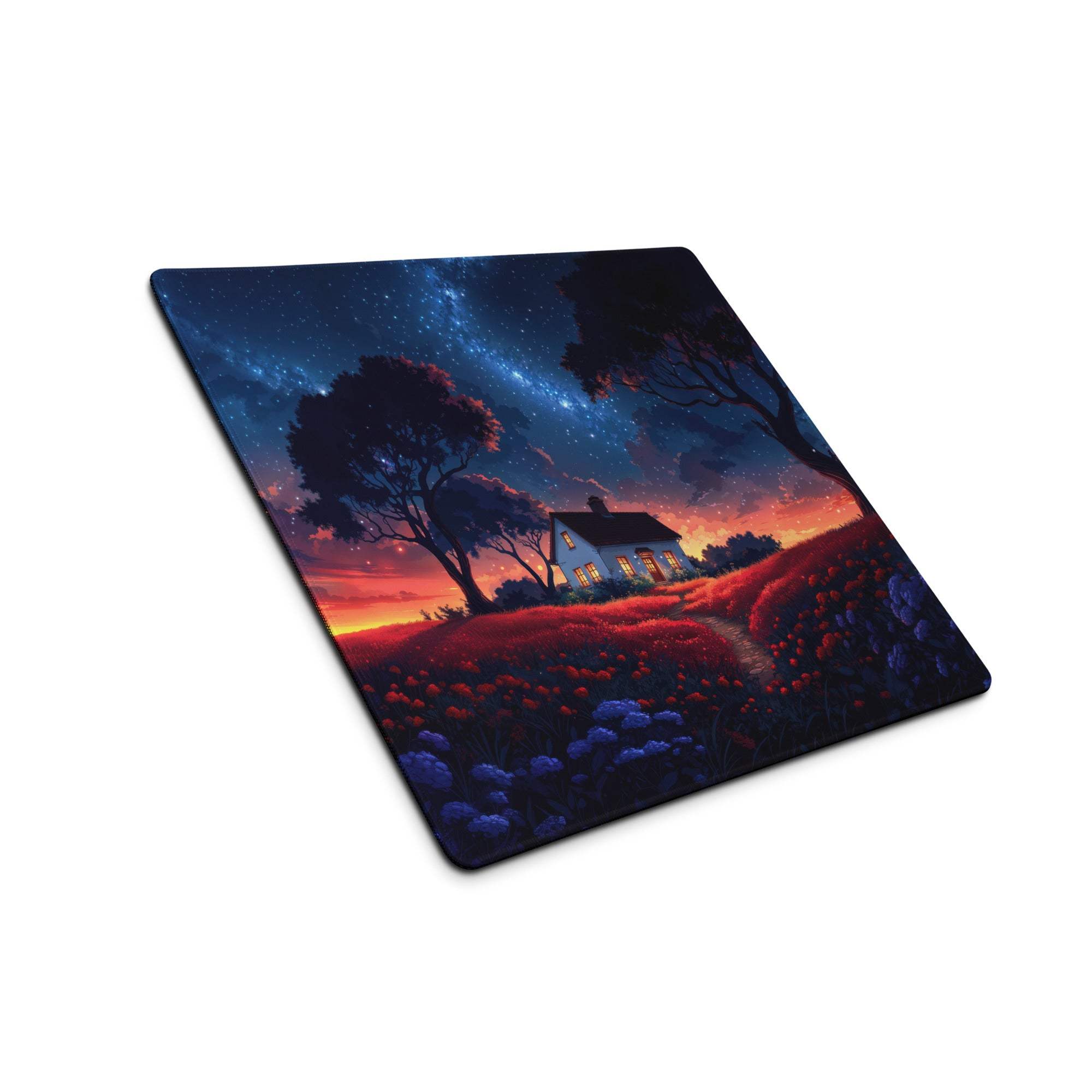 Dreamy night sky cottage mouse pad with flowers, stars, non-slip base