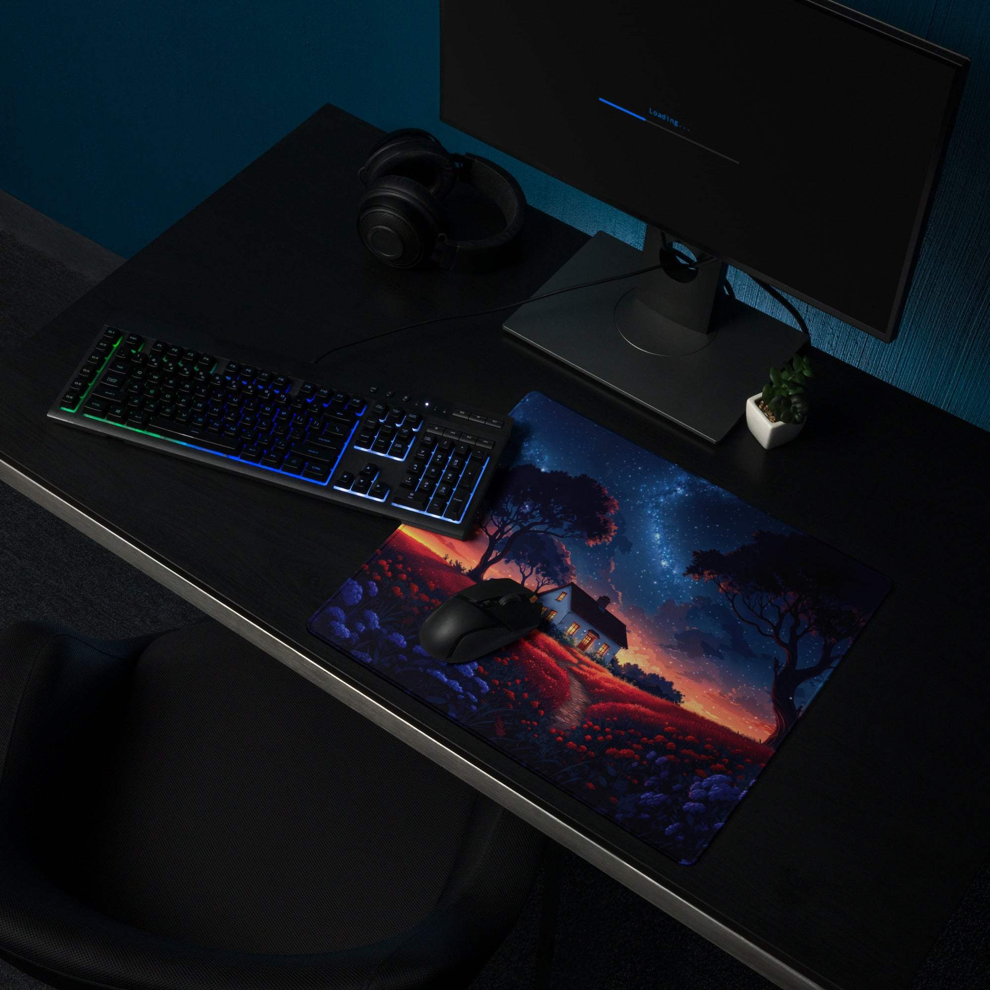 Dreamy night sky cottage gaming mouse pad with cosmic scene and non-slip base