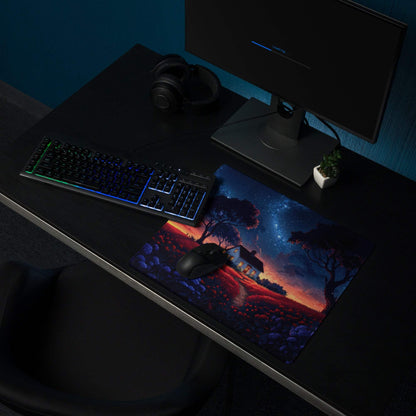 Dreamy night sky cottage gaming mouse pad with cosmic scene and non-slip base