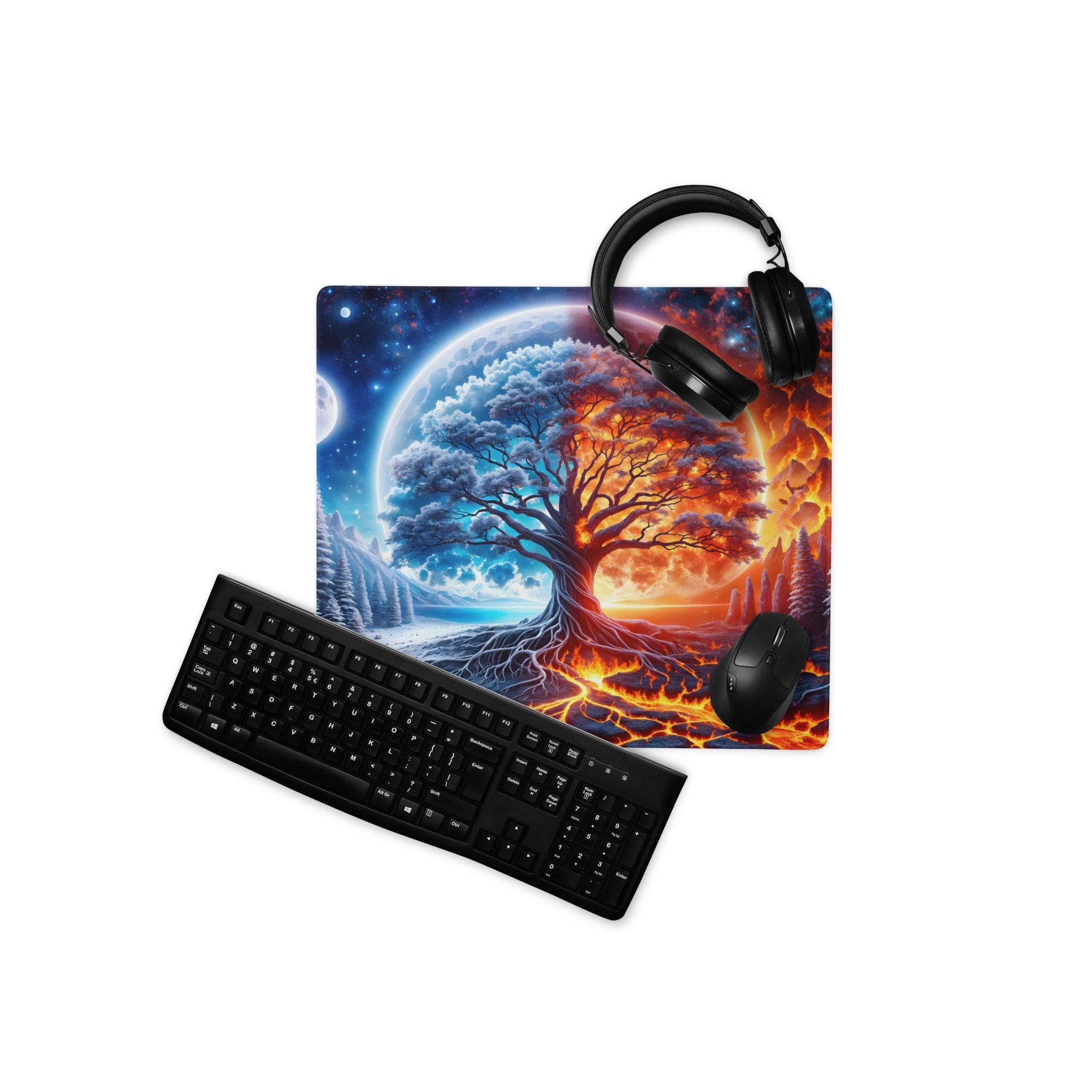 Black glossy keyboard on Vibrant Fantasy Tree of Life gaming mouse pad