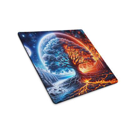 Vibrant fantasy tree of life gaming mouse pad with ice fire split design