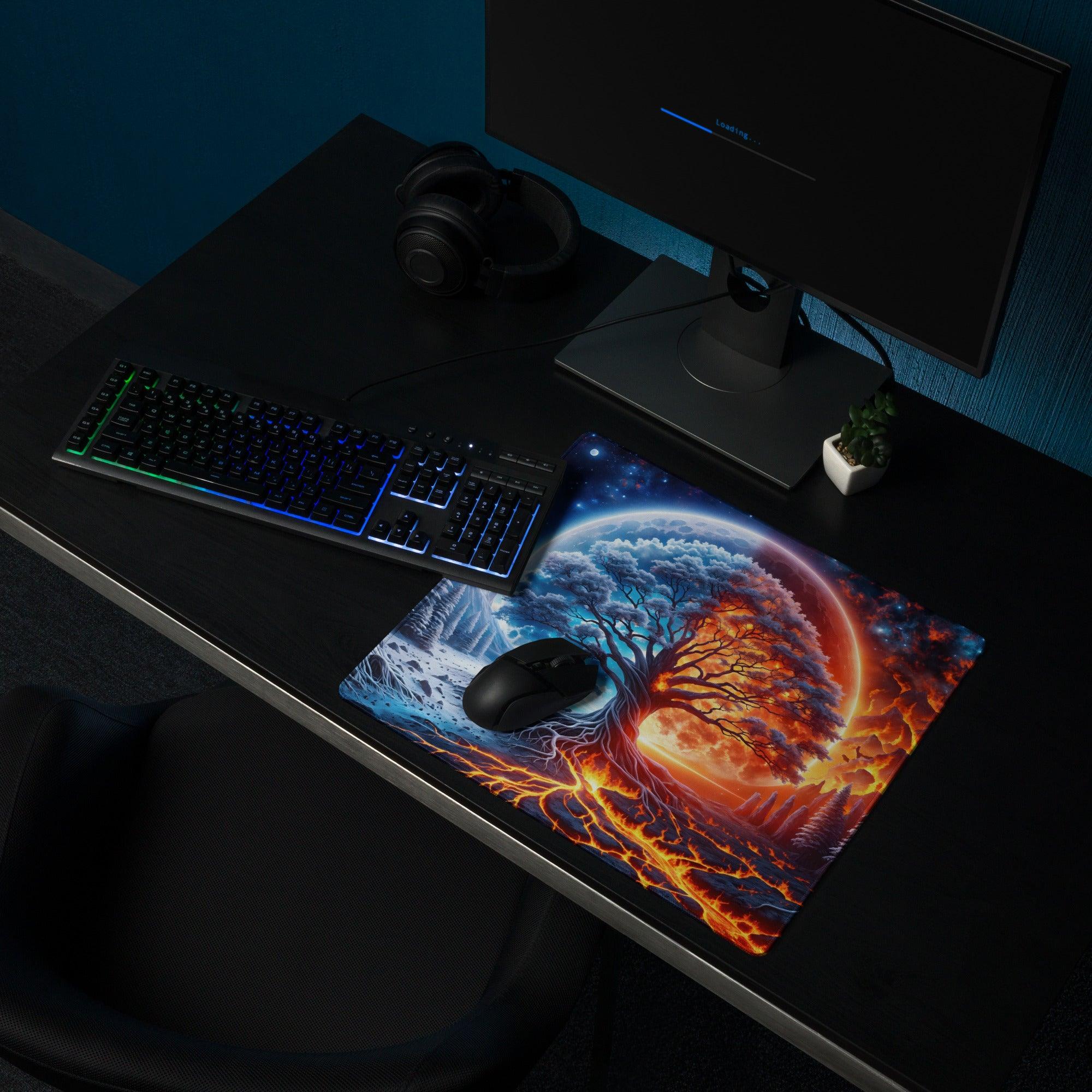 Vibrant fantasy tree of life gaming mouse pad with ice fire palette
