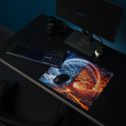 Vibrant fantasy tree of life gaming mouse pad with ice fire palette