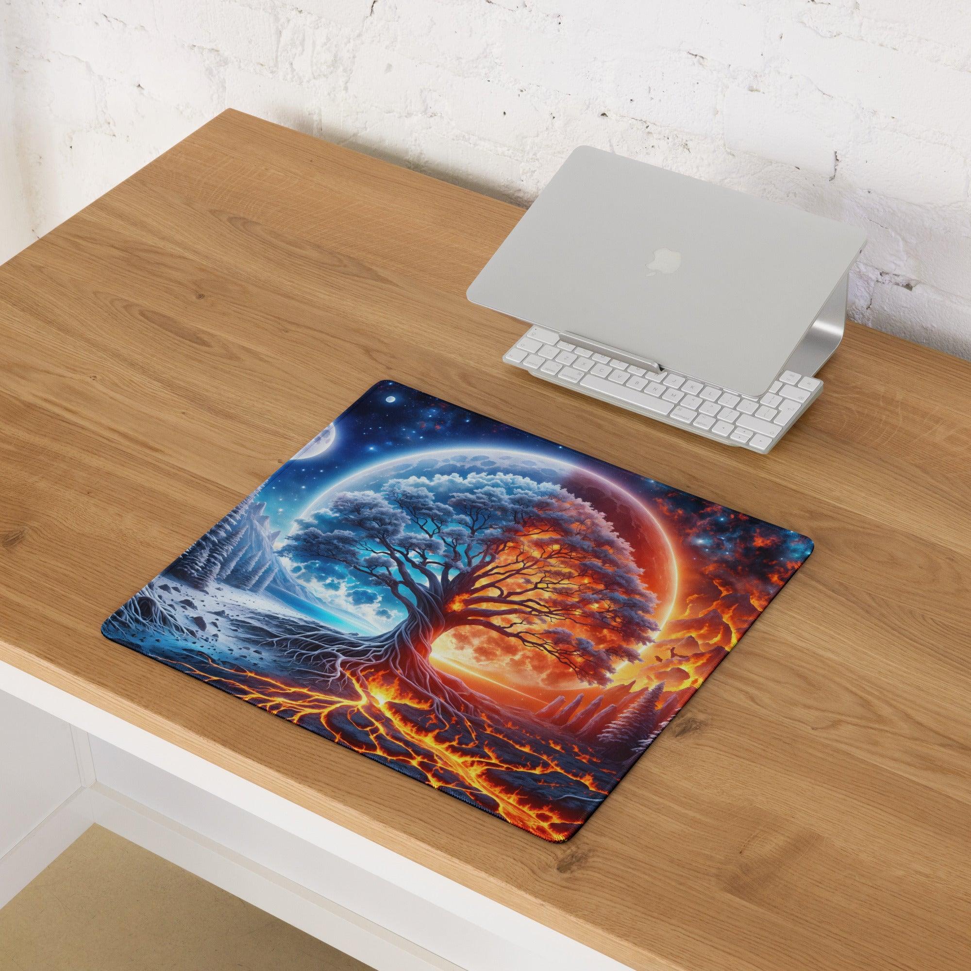 Vibrant tree of life gaming mouse pad with ice fire split and starry design