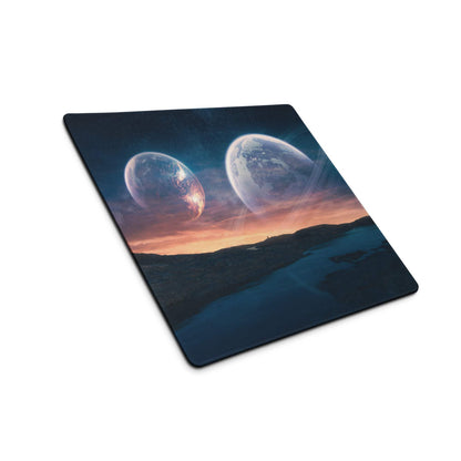 Cosmic planets gaming mouse pad with glowing planets and edge stitching