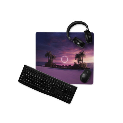 Dreamy purple sunset palm beach mousepad with headphones