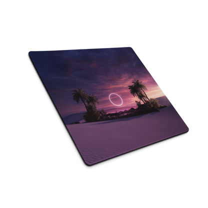 Purple gaming mouse pad with dreamy sunset palm tree desert scene