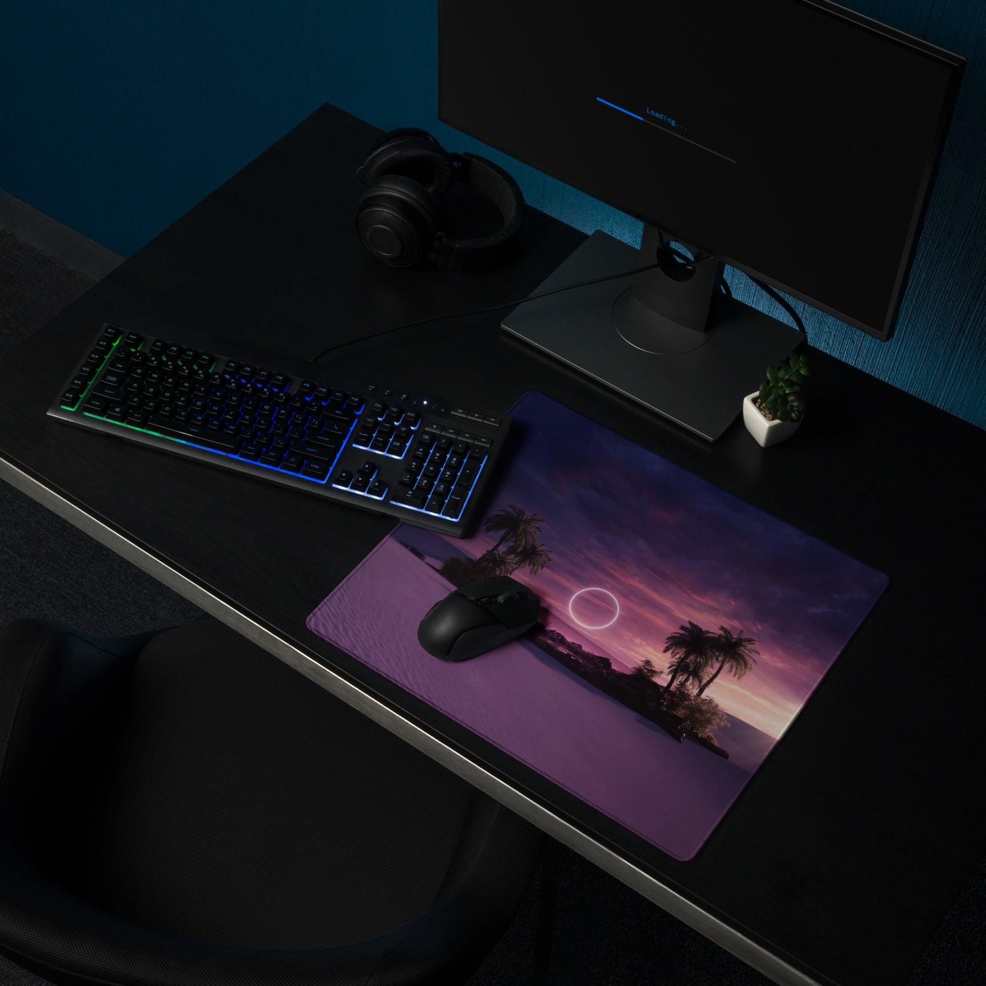 Purple sunset palm tree gaming mouse pad with edge stitching and non-slip backing