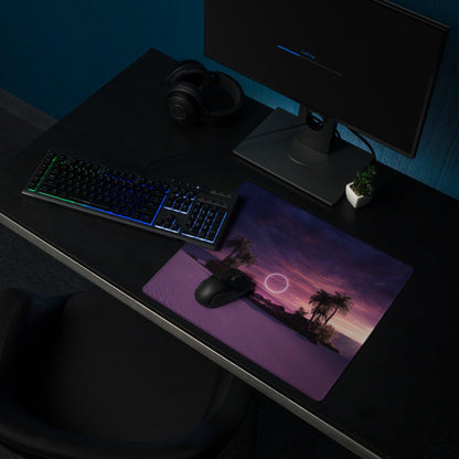 Purple sunset palm tree gaming mouse pad with edge stitching and non-slip backing