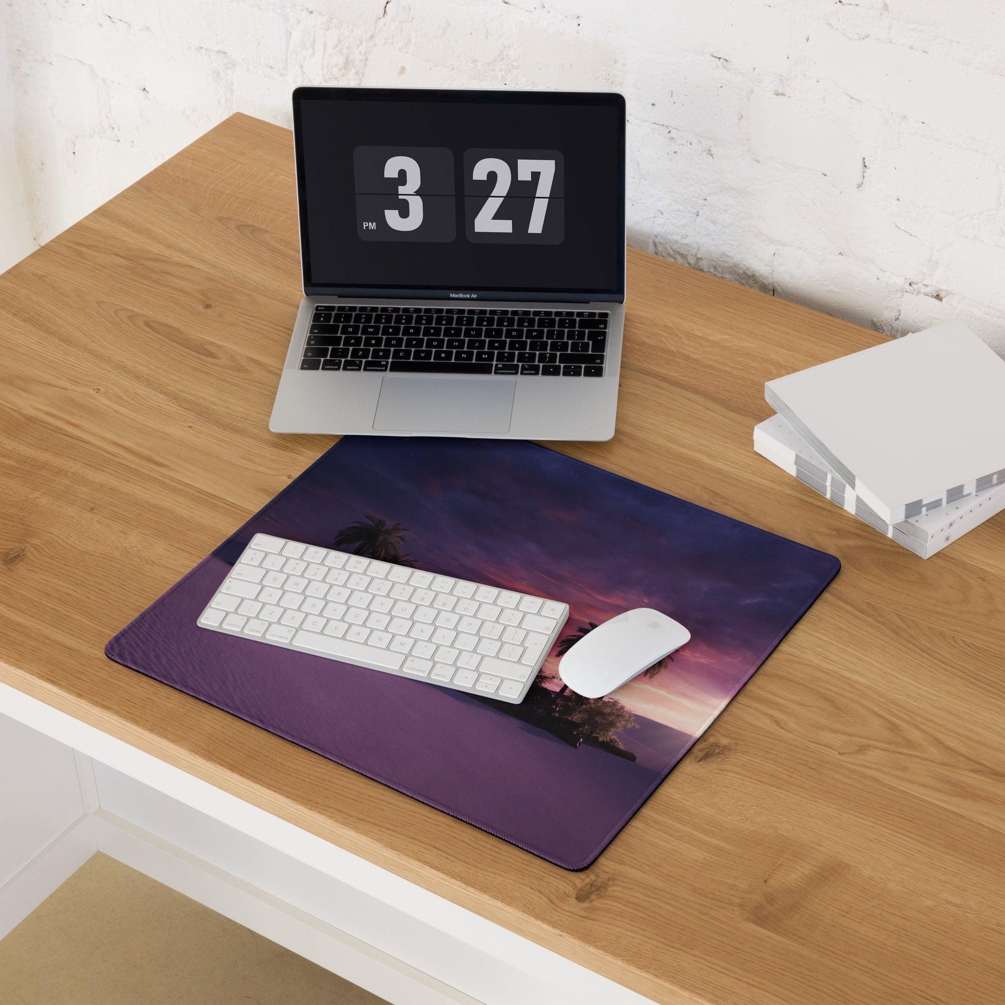 Purple sunset palm tree gaming mouse pad with edge stitching and non-slip backing