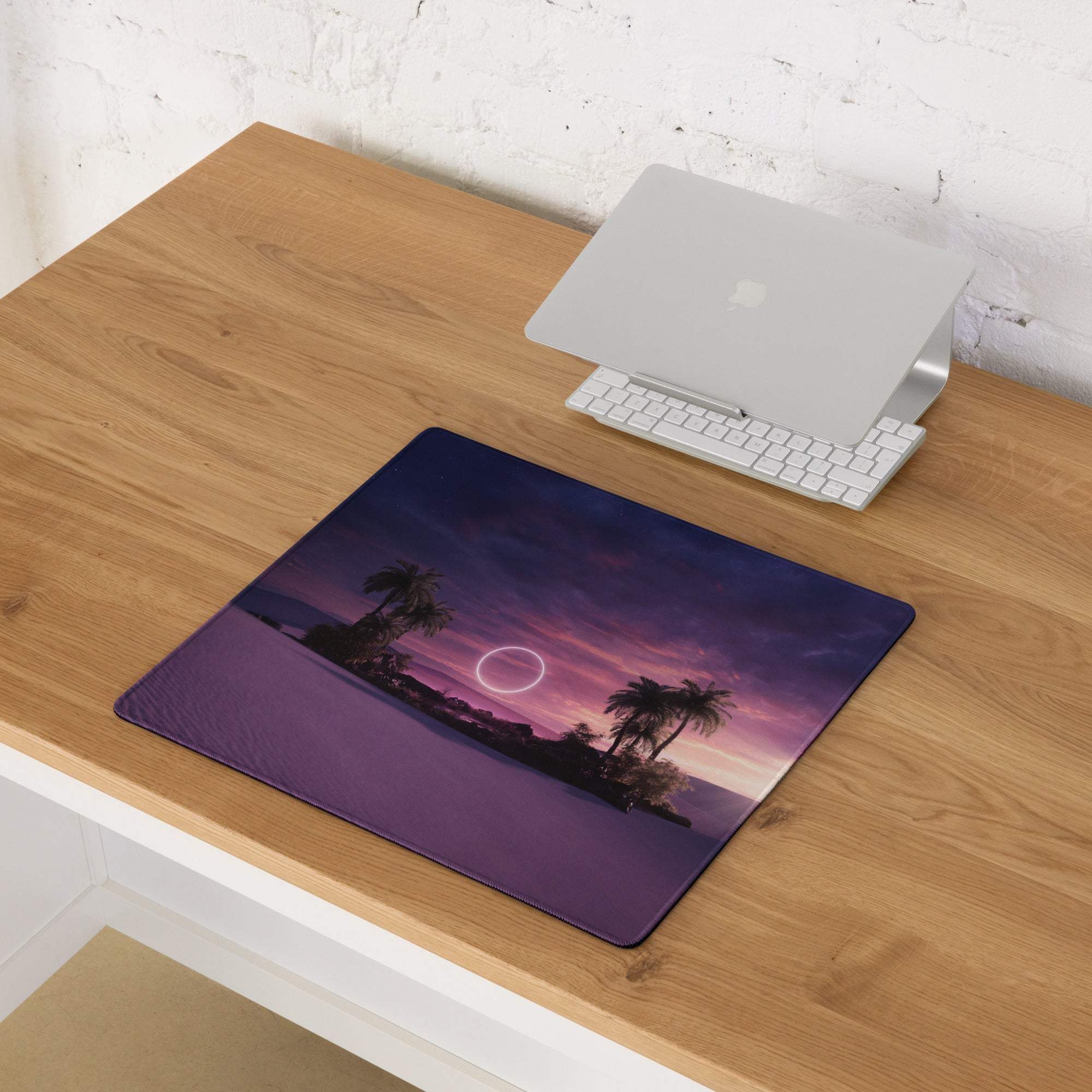 Dreamy purple sunset palm tree gaming mouse pad with edge stitching