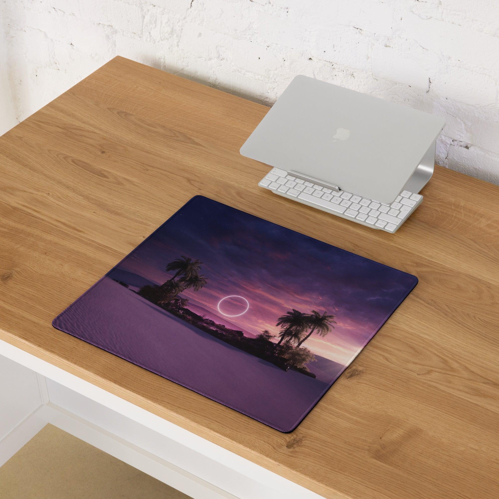Dreamy purple sunset palm tree gaming mouse pad with edge stitching