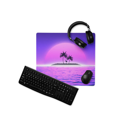 Purple pink neon sunset island gaming mousepad with palm trees flamingo waves