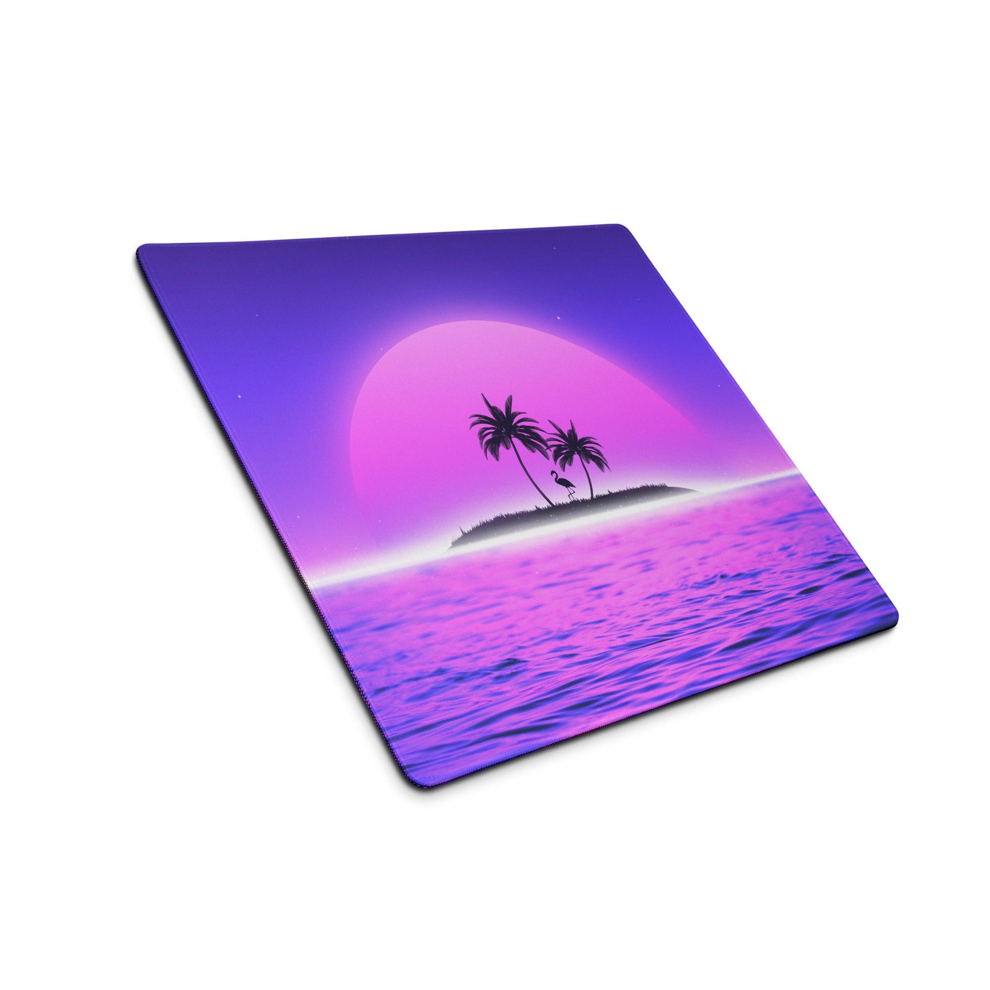 Purple pink neon sunset island mousepad with palm trees large gaming pad