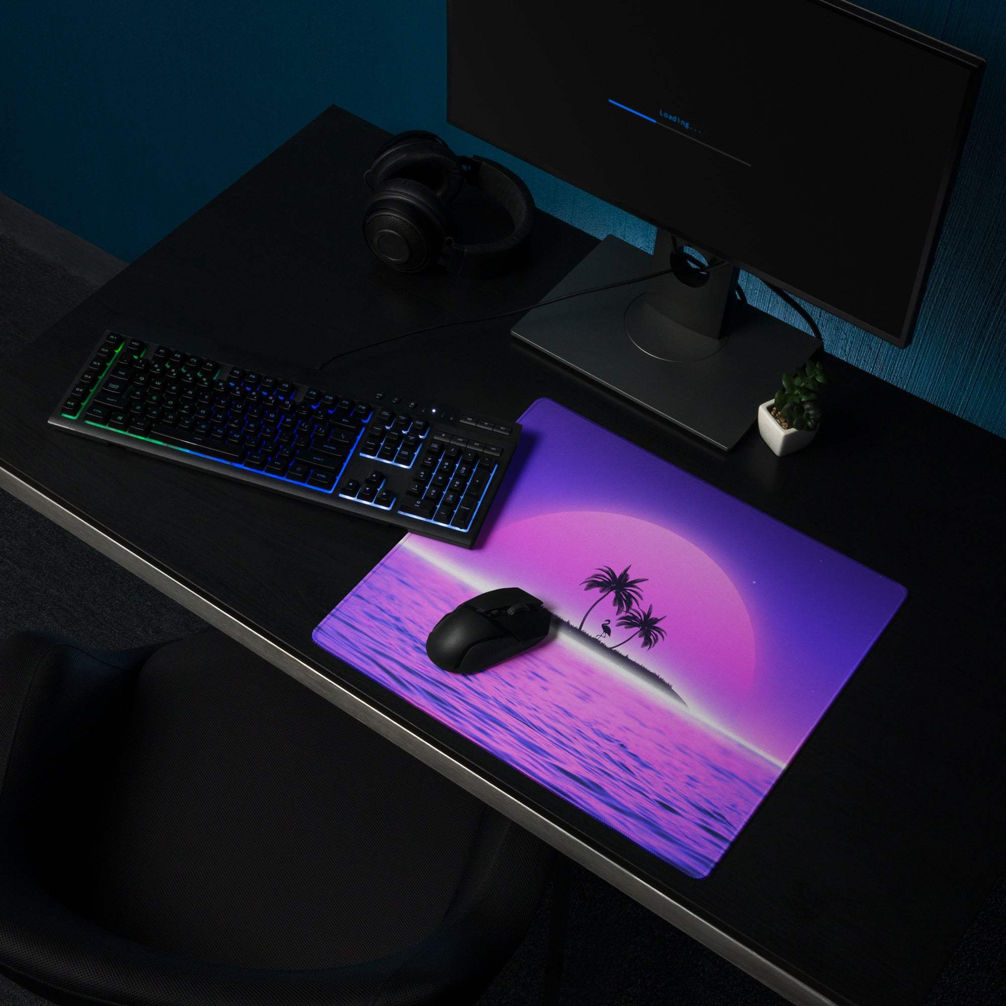Purple pink gradient retro sunset ocean mousepad with palms, large non-slip stitched