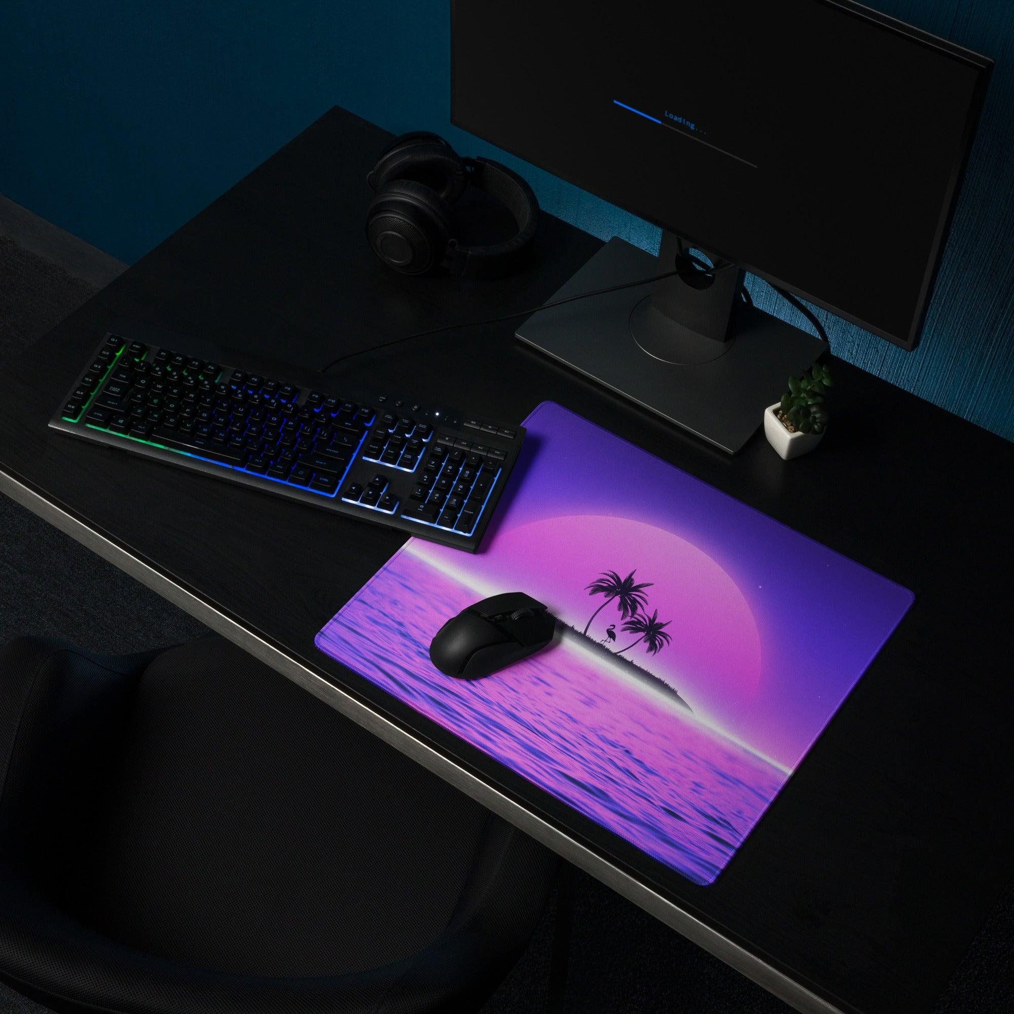 Purple pink gradient retro sunset ocean mousepad with palms, large non-slip stitched