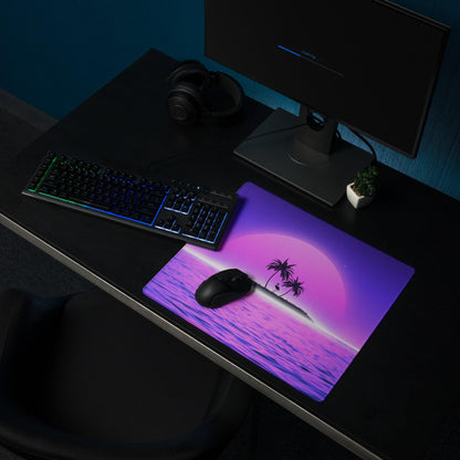 Purple pink gradient retro sunset ocean mousepad with palms, large non-slip stitched