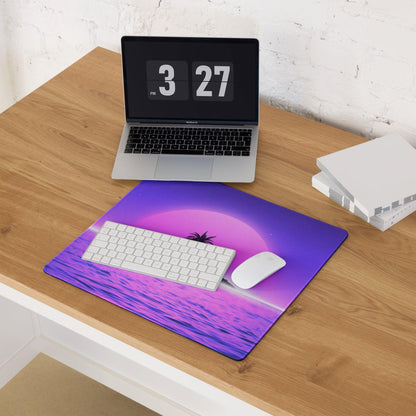 Purple pink sunset mousepad with palm tree ocean waves non-slip backing