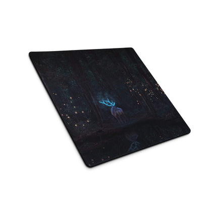 Mystical forest gaming mouse pad with glowing blue deer and fireflies