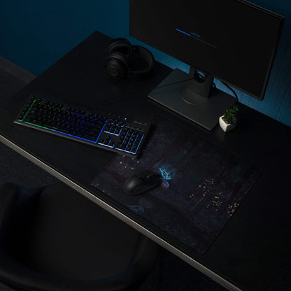 Black gaming mousepad with glowing blue deer, fireflies, cityscape