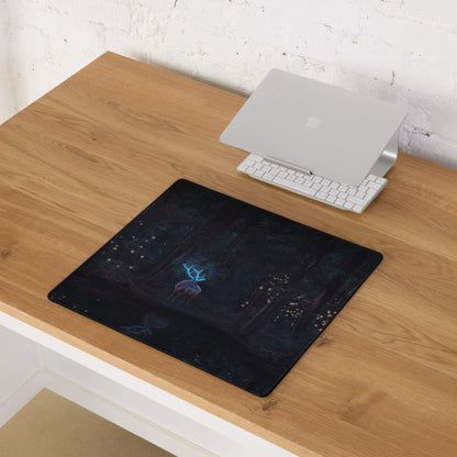 Mystical forest night gaming mouse pad with glowing blue deer and fireflies