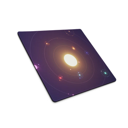 Purple cosmic orbit gaming mousepad with planets, sun, non-slip base, stitching
