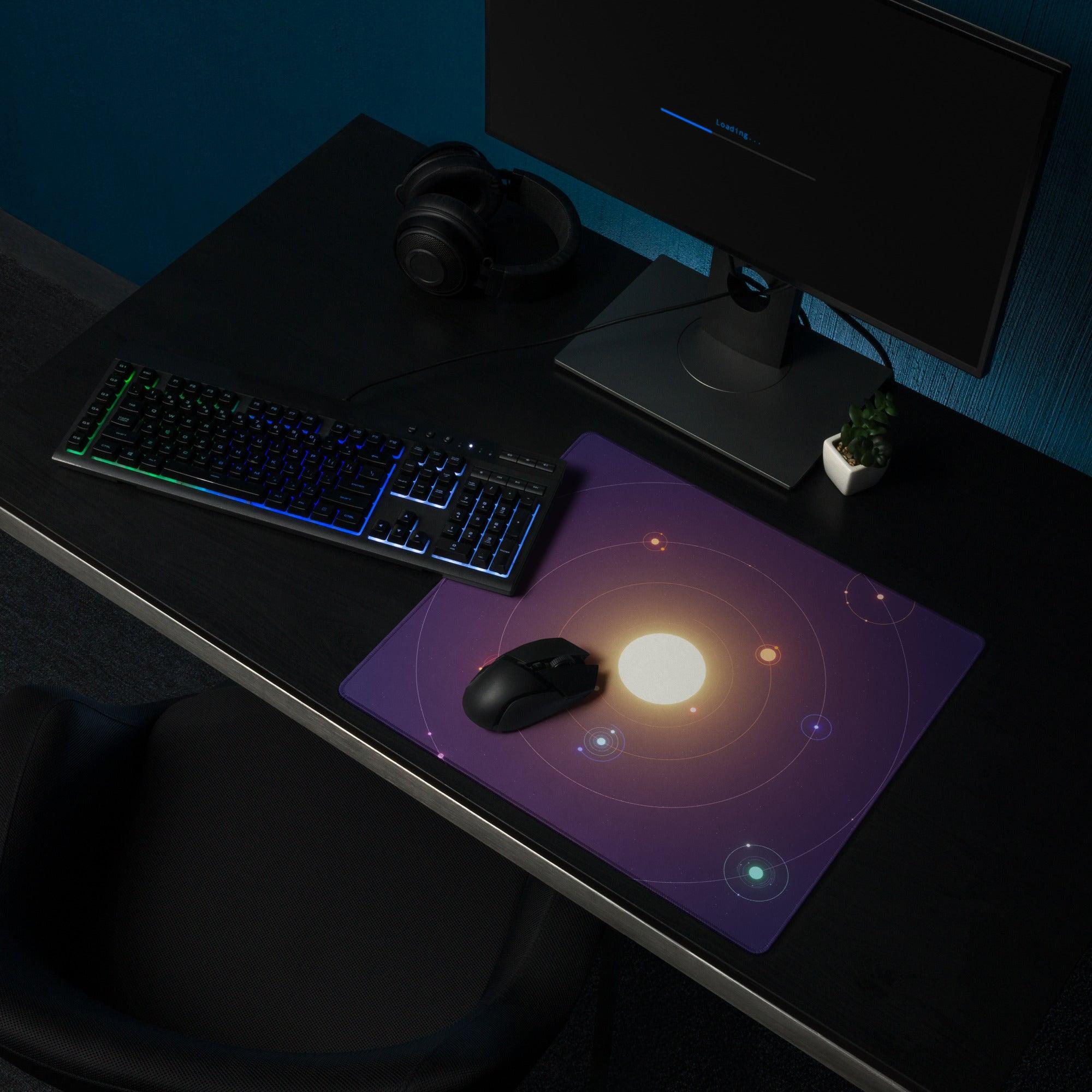 Purple galaxy mousepad with glowing sun, orbiting planets, non-slip base, edge stitching