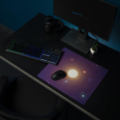 Purple galaxy mousepad with glowing sun, orbiting planets, non-slip base, edge stitching