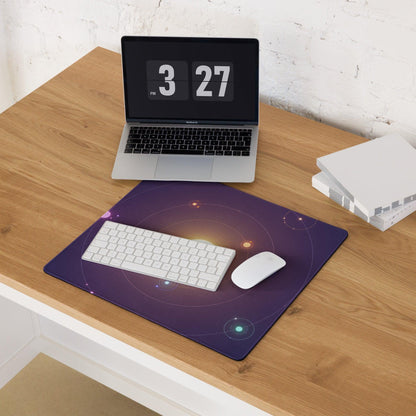 Purple cosmic gradient mousepad with stars planets glowing orbs large gaming non-slip stitched