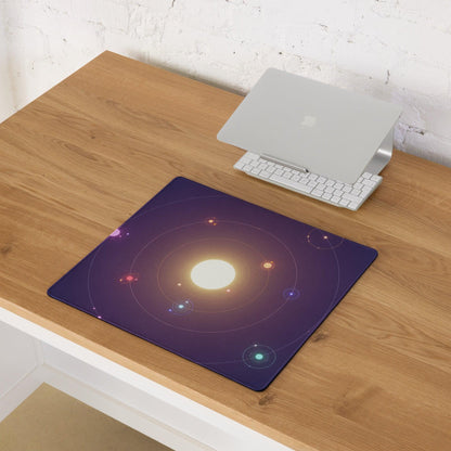 Purple galaxy mousepad with glowing sun, orbiting planets, non-slip base, edge stitching
