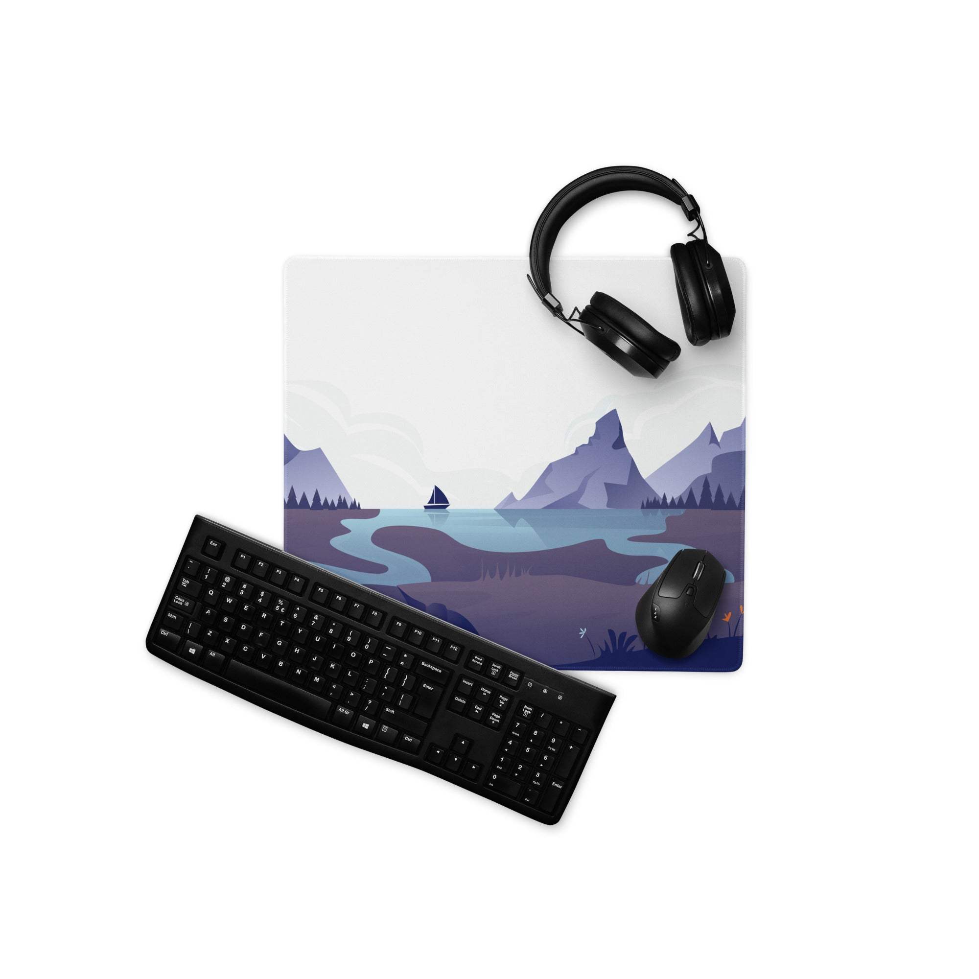 Calm minimalist majestic mountain landscape gaming mouse pad in cool blue dusk tones
