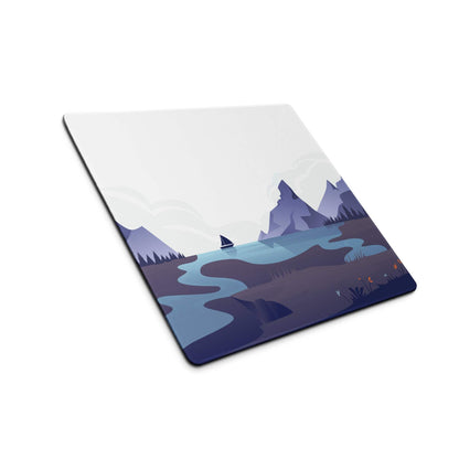 Calm minimalist majestic mountain gaming mouse pad with snowy peaks and serene lake in cool blue dusk tones