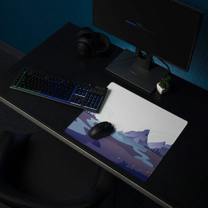 Calm minimalist majestic mountain gaming mouse pad with snowy peaks, serene lake in cool blue dusk tones and black wireless mouse