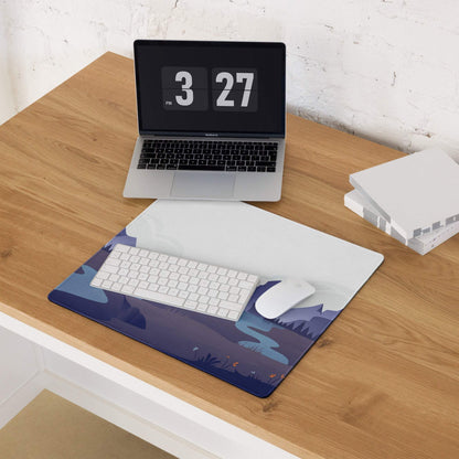 Calm blue mountain landscape gaming mouse pad with snowy peaks, lake, white keyboard and mouse
