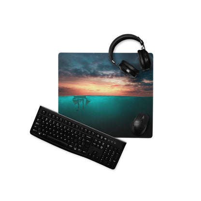 Epic Ocean Sunset mouse pad with teal edges, sunset over water, ships