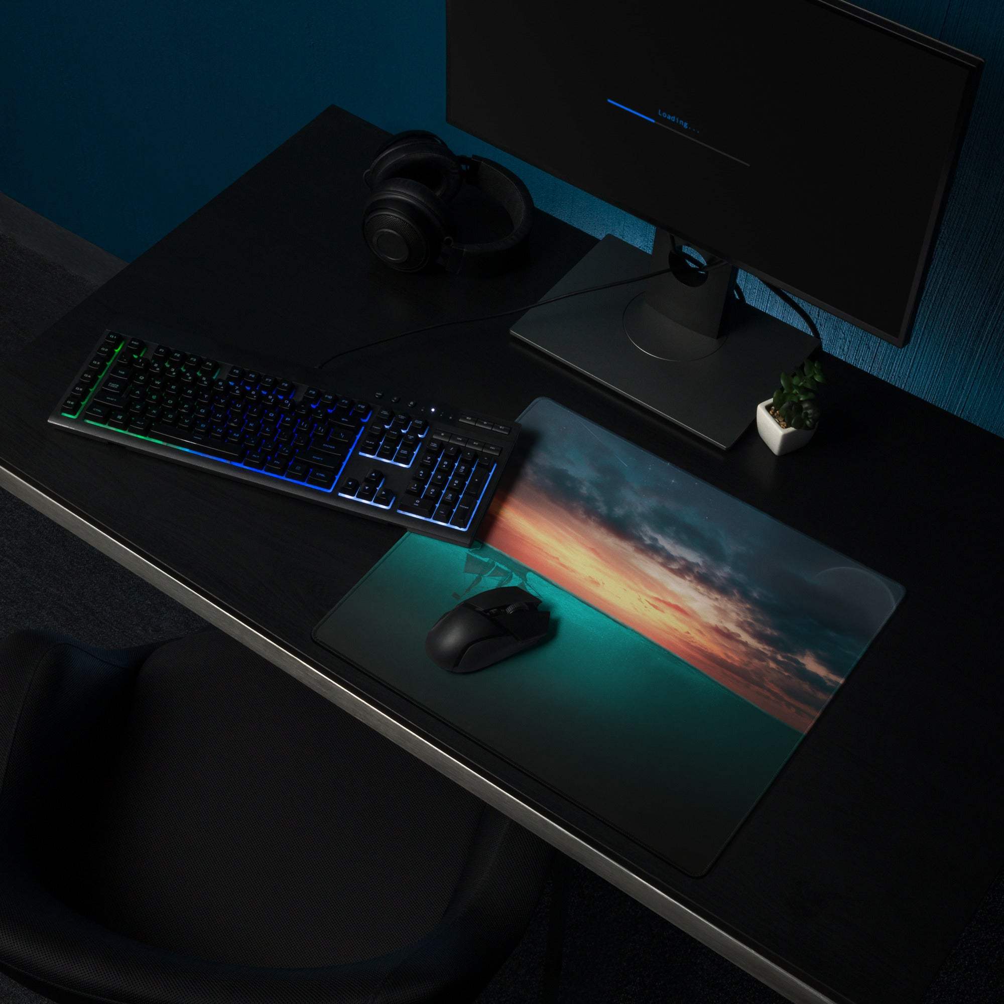 Epic Ocean Sunset large teal edge stitched gaming mouse pad