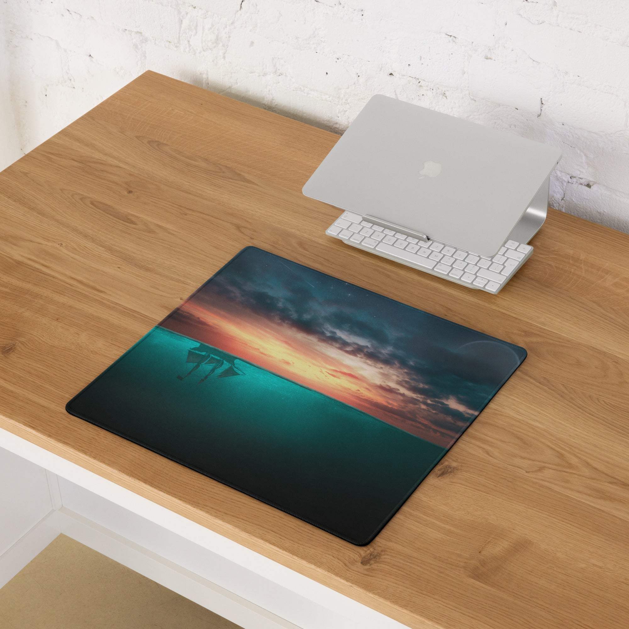 Epic Ocean Sunset large teal gaming mouse pad with vivid sunset ocean scene