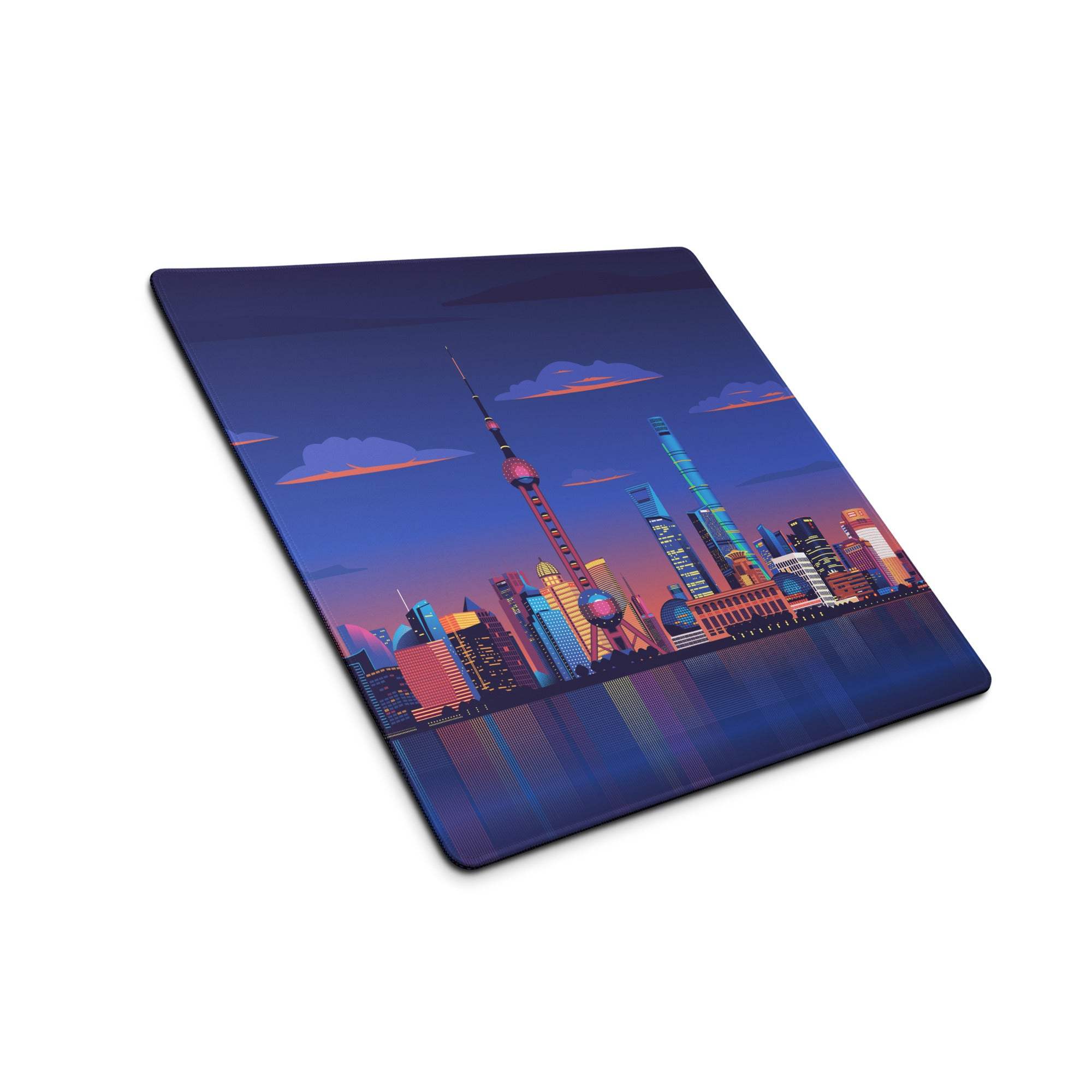 Vibrant Shanghai skyline dusk gaming mouse pad with non-slip base